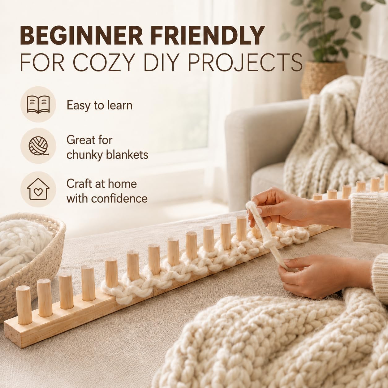 FVUILH Chunky Blanket Loom Kit for DIY Throw Blankets, 48'' Adjustable Solid Wood Hand Knitting Tool for Chunky Yarn, Beginner Friendly Craft Board, No Needles Required