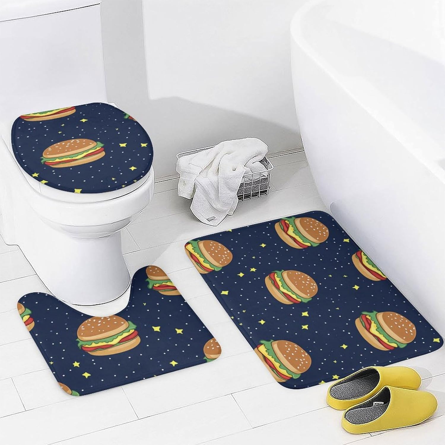 Cosmic Hamburger Bathroom Sets with Shower Curtain and Rugs 4 Piece with U-Shaped Floor Mat Toilet Lid Cover