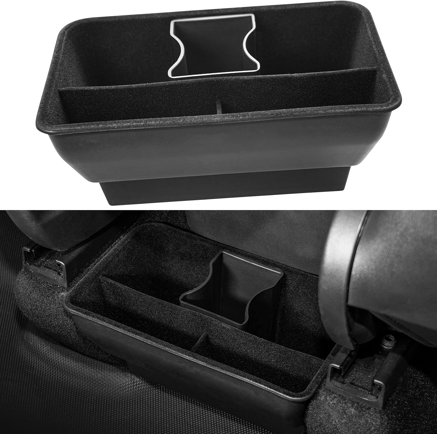 Basenor Tesla Model Y Rear Center Console Organizer ABS Flocking Backseat Storage Box Rear Middle Bin and Cup Holder for Model Y 2020 2021 2022 2023