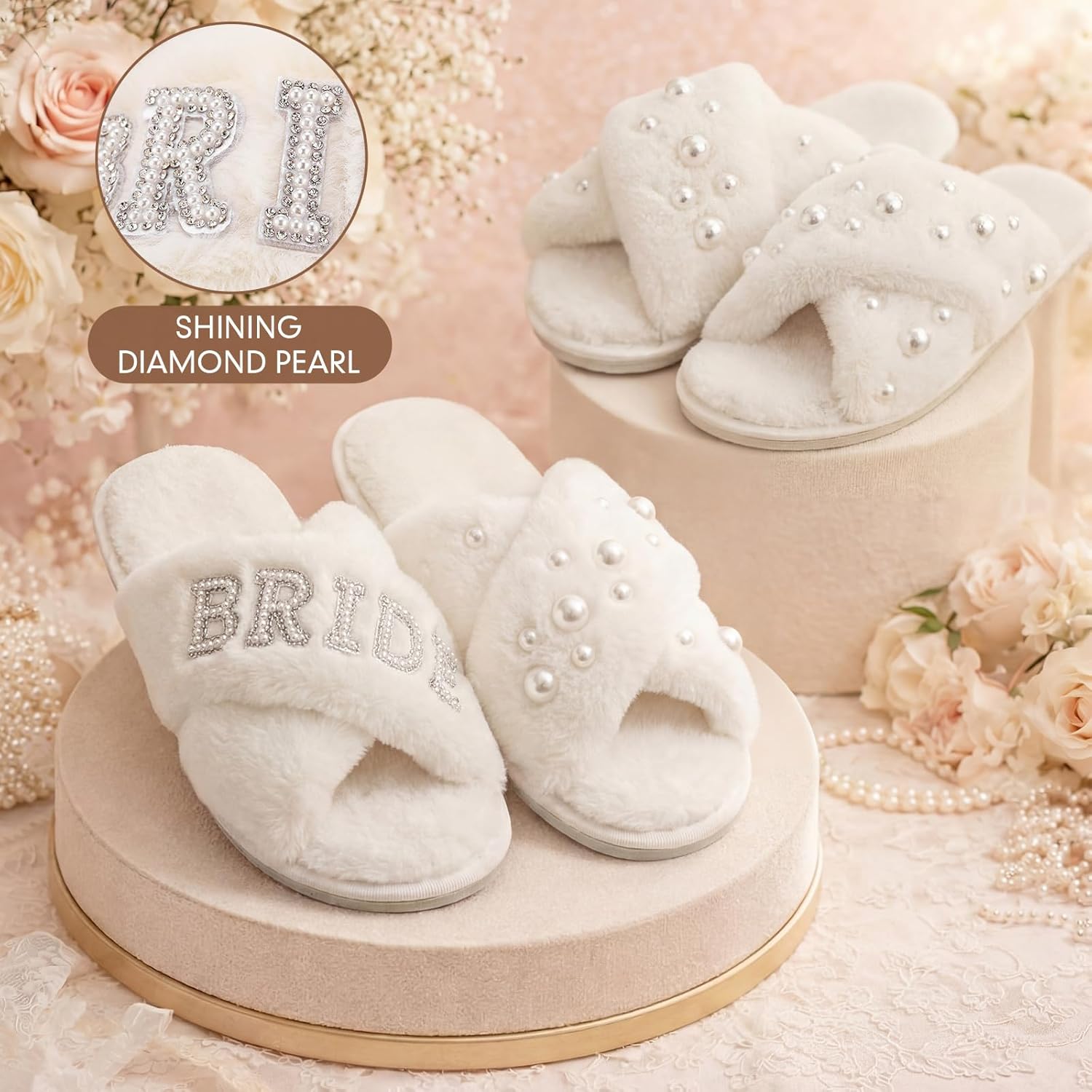 Shihanee 16 Pairs Bridesmaid Fuzzy Slippers Bulk - Women Plush Furry Open Toe Cross Band Pearl Embellished Slippers for Bridal Shower Bachelorette Party Wedding Gift