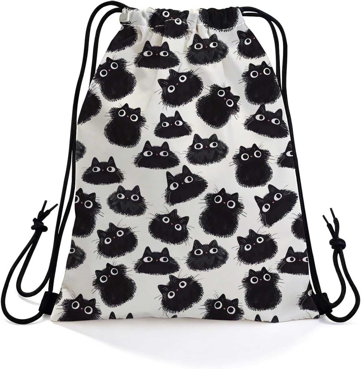 Fluffy Black Cat Dual-Sided Print Drawstring Bag