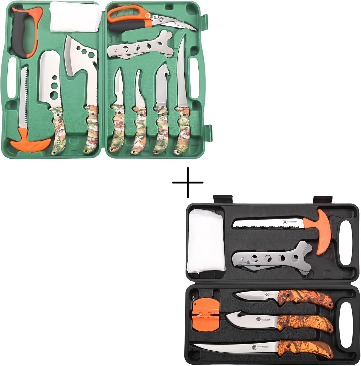 KNINE OUTDOORS 2022 Hunting Deer Knife Set Red Maple Camo Handle Field Dressing Kit Portable Game Processor Set with Nylon Belt Sheath, 8&12 Pieces, Green Black Case