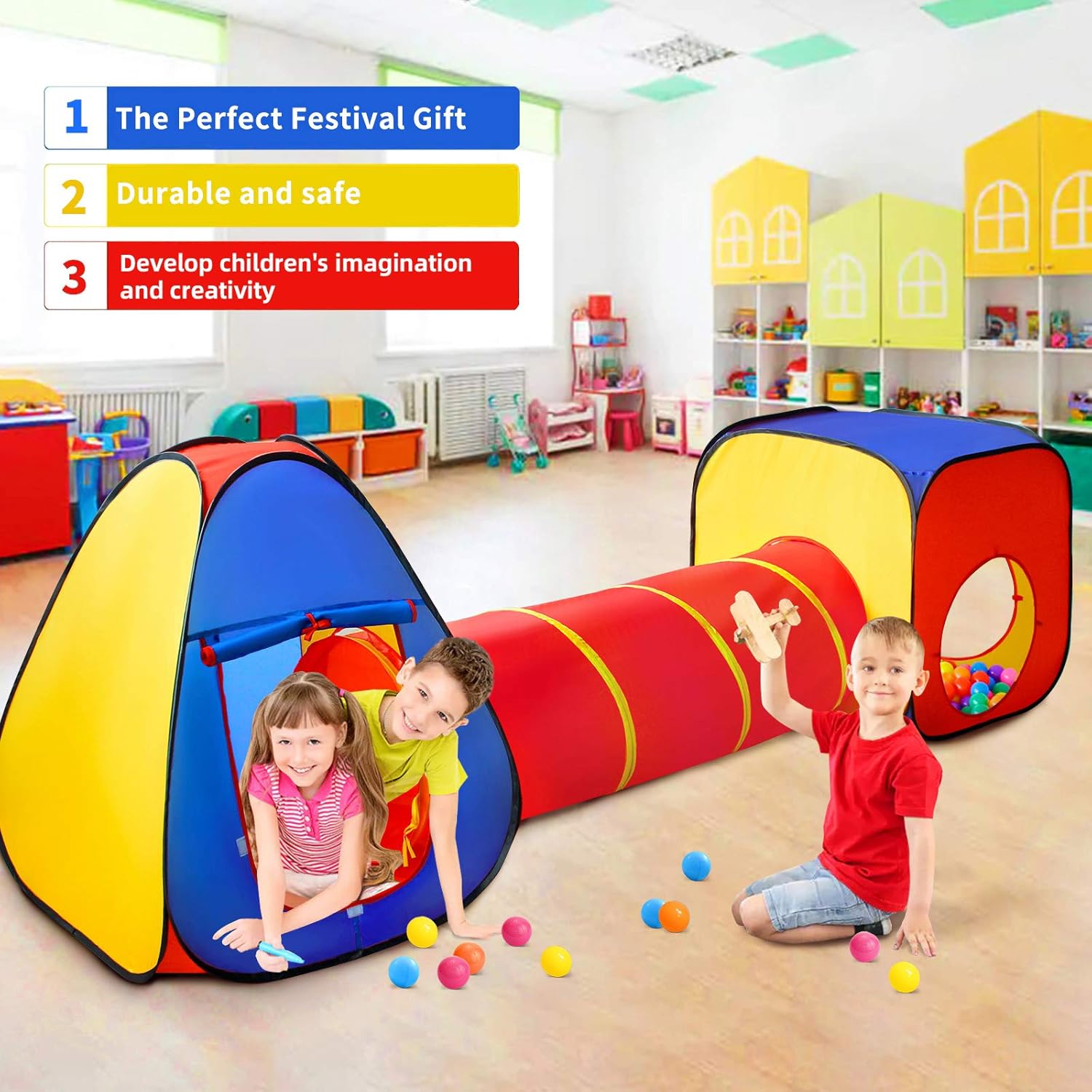 Kids Play Tent with Ball Pit+Crawl Tunnel+Castle Tent, Pop Up Toddlers Playhouse for Boys and Girls Gift, Collapsible Children Play Tent Toy Indoor and Outdoor Games (Colorful Fort) : Toys & Games