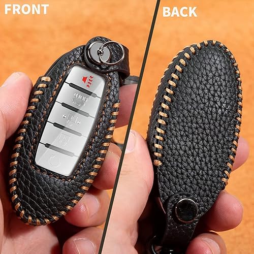 Miniatura 3 de Funda protectora de cuero para llavero de Nissan Rogue Titan Pathfinder, Altima Kicks Murano Frontier Armada Maxima Infiniti (negro)