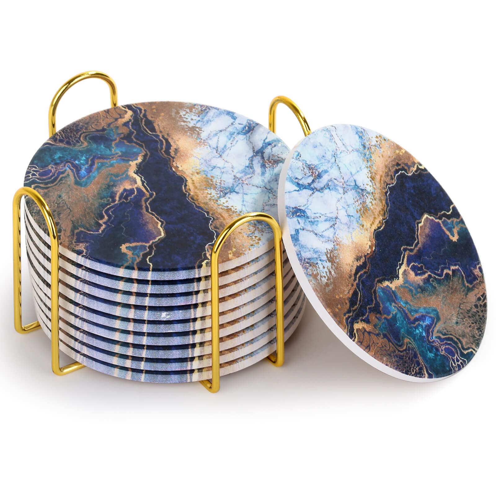 10 Pieces Ceramic Coasters for Drinks Absorbent, Caffox Coaster Set with Holder for Coffee Table, Blue Marble Coasters for Home Décor