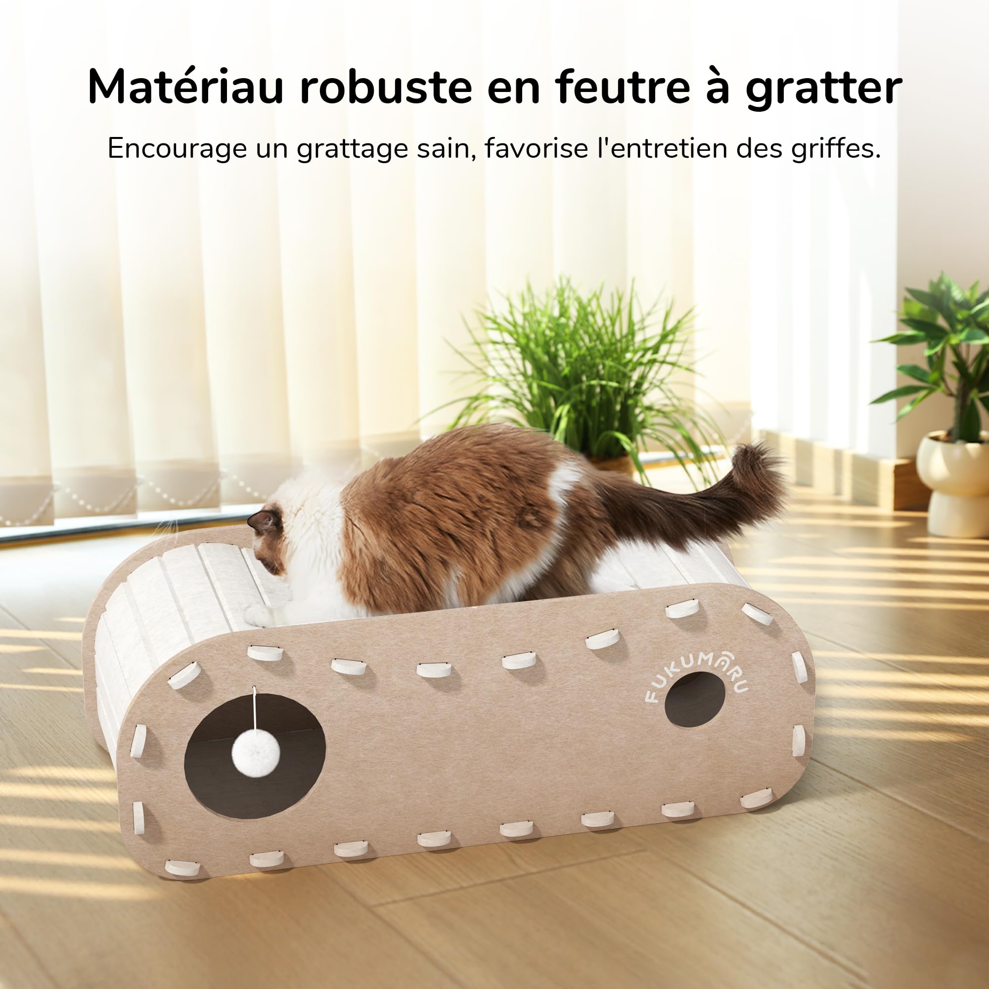 FUKUMARU Lit pour Chat d'intérieur, Grotte Extra Large pour Chat 80 cm Maison Confortable avec Boule Moelleuse à Suspendre, Lit cachette en Feutre résistant aux Rayures, Tunnel félin, Beige