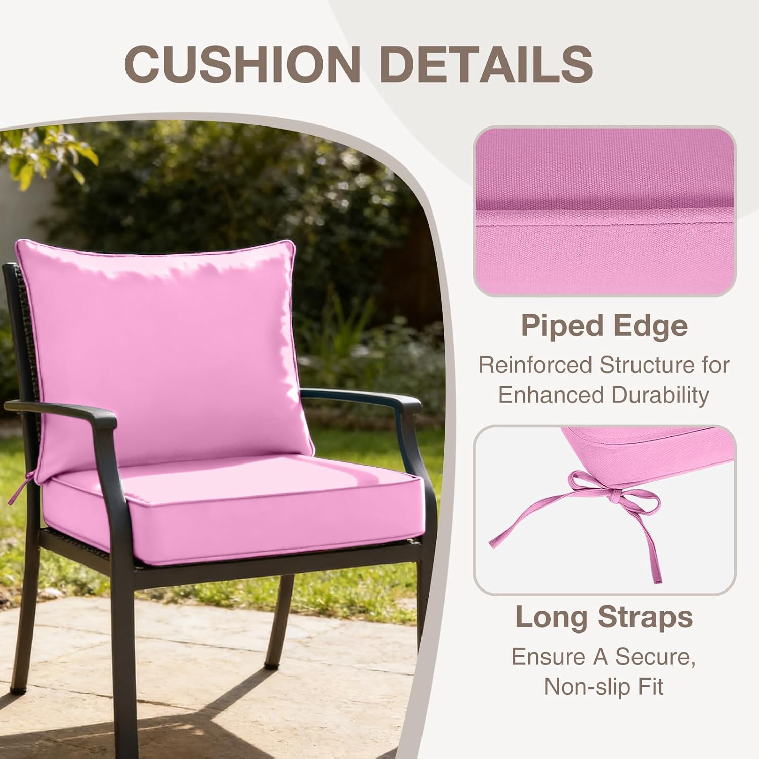 COOS BAY Deep Seat Patio Chair Cushions, 2 Piece Set, Water Resistant Outdoor Cushions with Ties, 24x24x5 in for Chairs, Benches, Set of 2, Pink