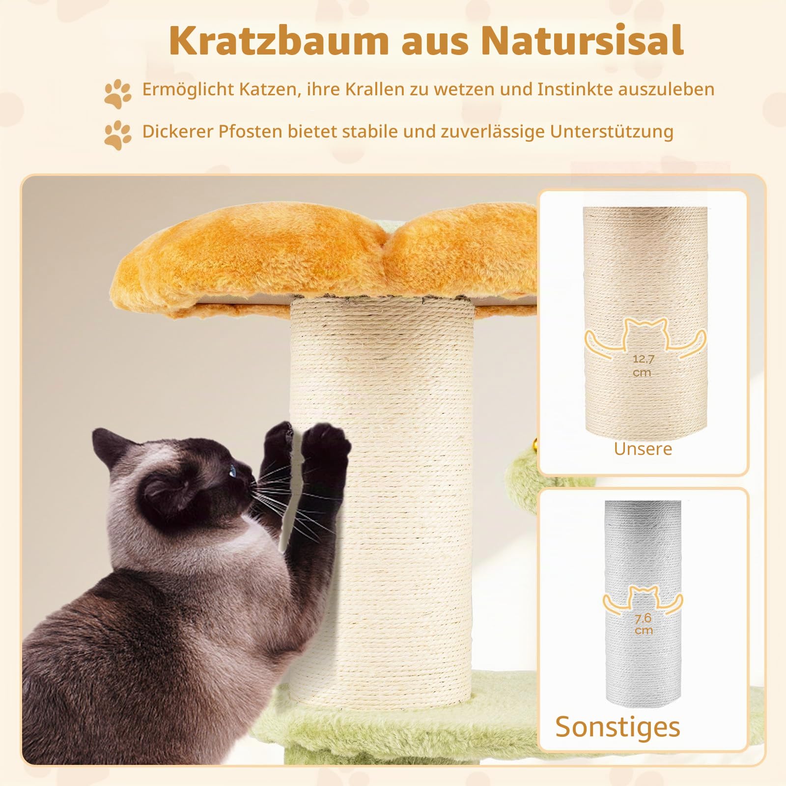 FANTASK Kratzsäule Klein, Katzenkratzbaum mit dickem Sisalstamm Plüschsitz Selbstpflegebürste Ballspiel, Kletterbaum Blumen-Design Katzenmöbel Indoor, Gelb
