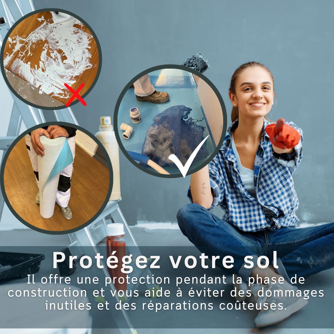 Perfect Cover Feutrine Autocollante Perméable à l’Air 1 m x 50 m – Bâche de Protection Sol Chantier pour Rénovation, Adaptée aux Sols en Bois et Carrelage, Résistante aux Liquides | 160 g/m²