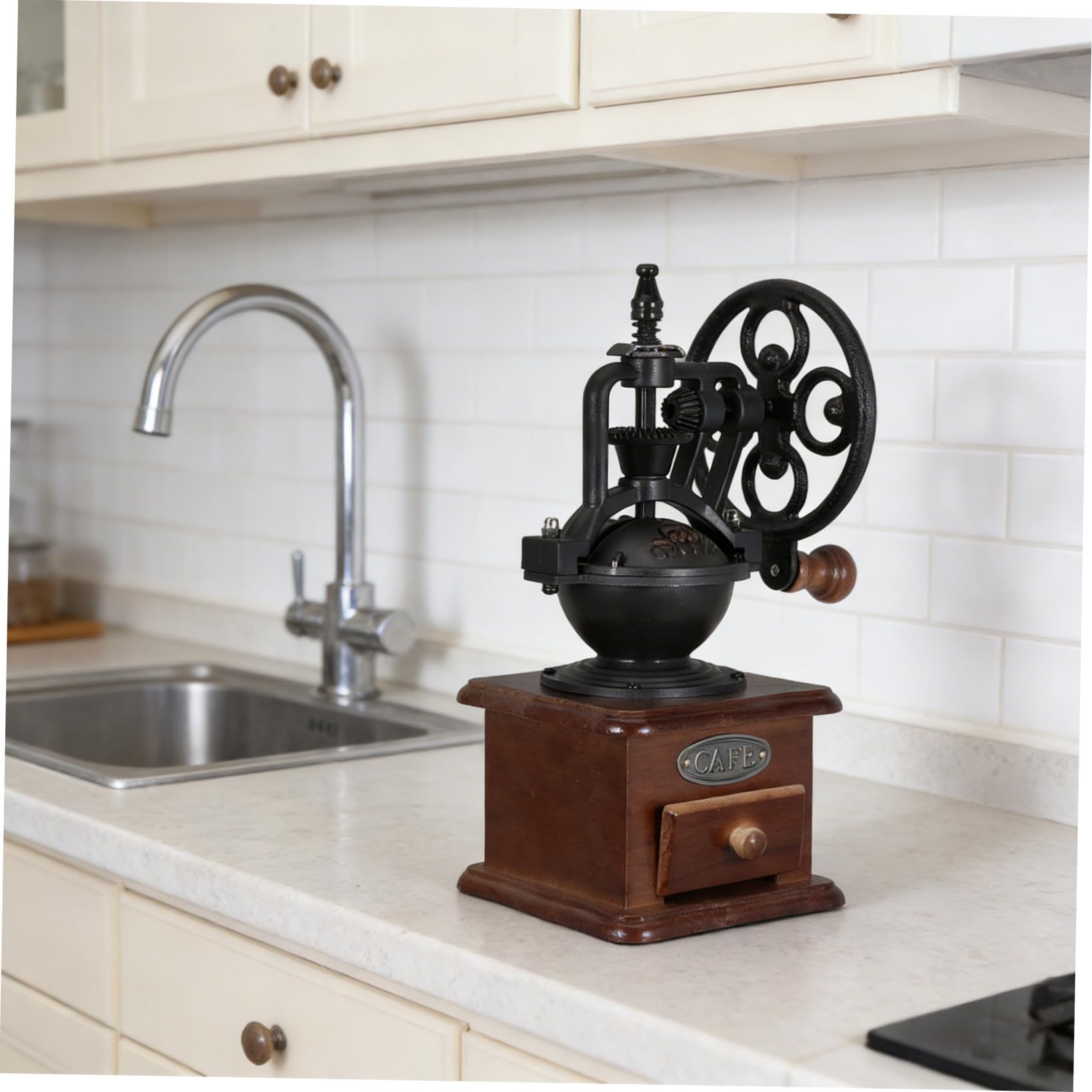 Toyvian Moulin à Café Manuel en Bois et Fer Manivelle Ergonomique sans Électricité pour Grains de Café, Maison Voyages, Design Vintage Noir