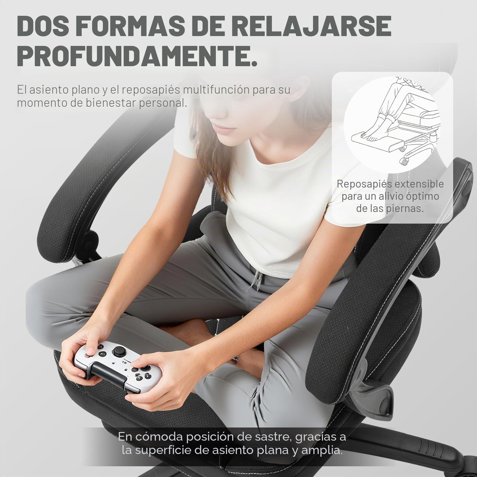 Dowinx Silla Gaming de Tela con Reposapiés Abatible y Extraíble, Silla Ergonómica para Oficina con Cojín de Gel y Muelles Ensacados, Silla Gamer Reclinable con Soporte Lumbar, para Adultos, Negro