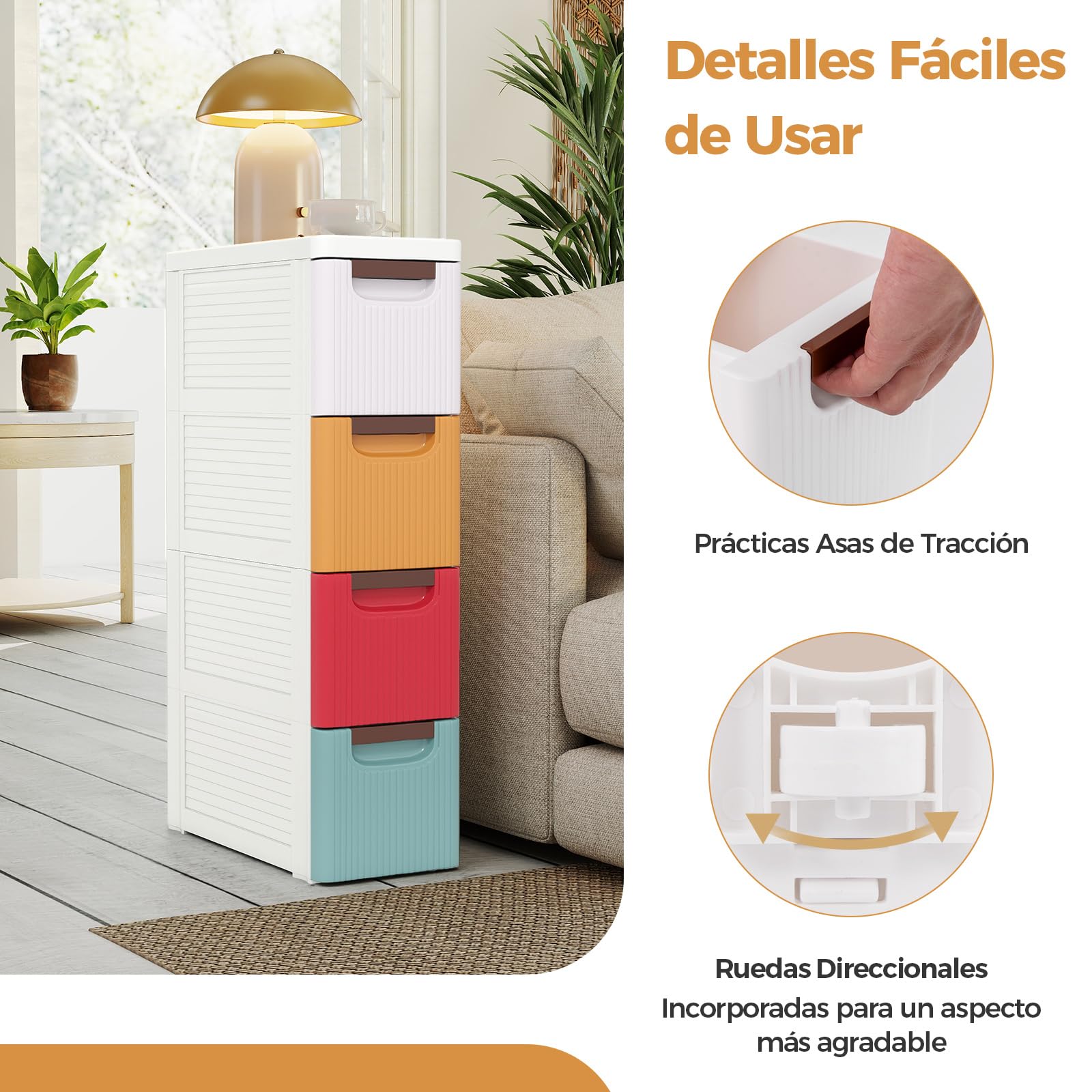 COSTWAY Comoda Dormitorio con Cajones, Gabinete de Almacenamiento Estrecho con Ruedas Incorporadas y Prácticas Asas de Tracción, Armario de Baño Pequeño para Dormitorio y Salón