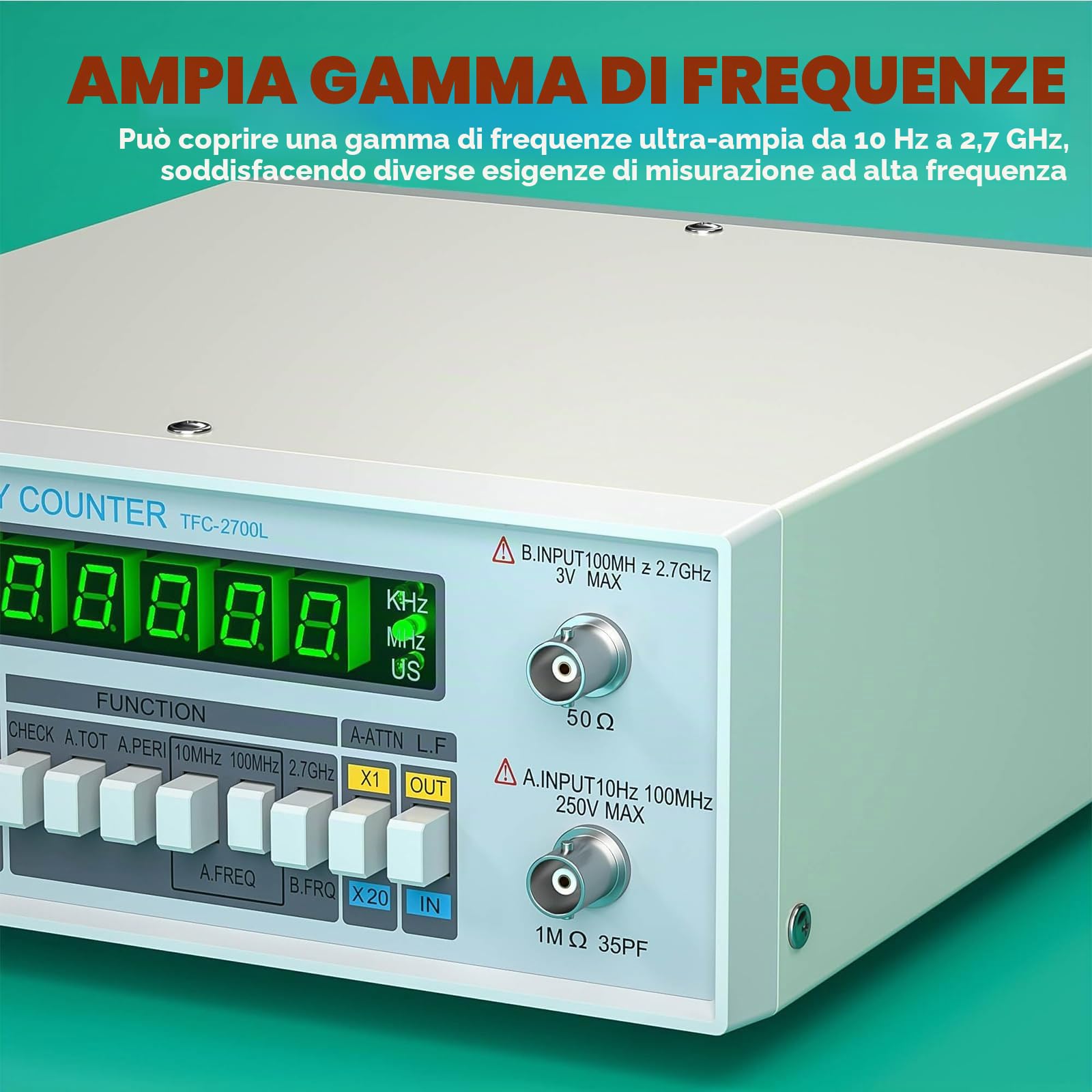 Contatore di Frequenza Ad Alta Precisione, Frequenzimetro Digitale Multifunzione, Elevata Stabilità, Display a LED a 8 Cifre, TFC2700L, per Laboratorio E Manutenzione di Apparecchiature