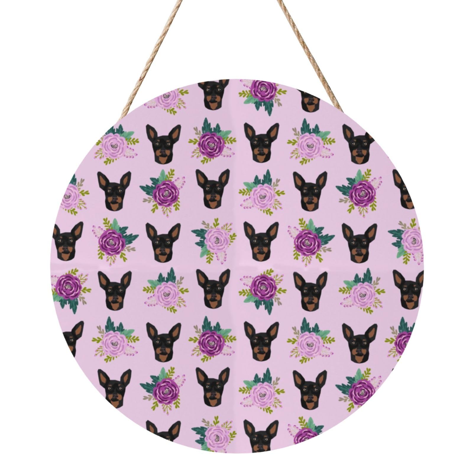 InOmak Miniature Pinscher Lavender Florals, Round Wood Panel Painting 12 in, Wall Hanging Painting For Home