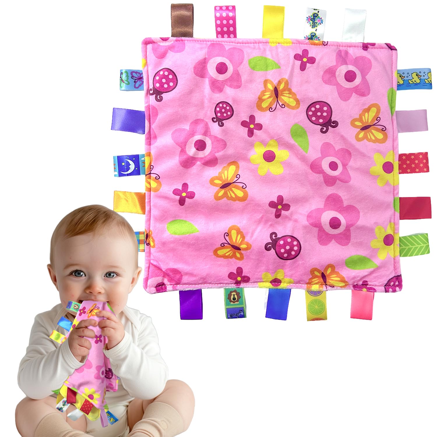 Taggy Coperta Neonato In Cotone Rosa Con Etichette Rasate | 25x25 Cm | Morbida E Sensoriale Per Lo Sviluppo | Regalo Baby Shower - 6