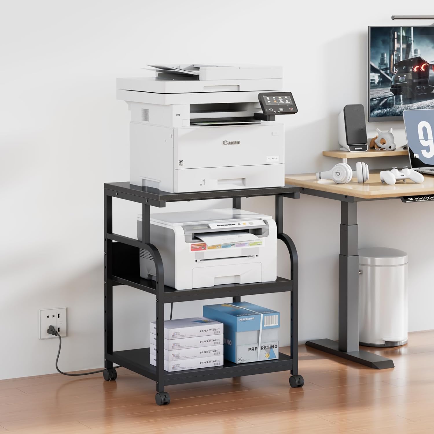 VECELO Large Printer Stand with Power Outlet, 3-Tier Rolling Cart with Adjustable Shelf & Lockable Wheels, Heavy Duty Utility Table for Home Office, 18.9"x23.6"x30.2", Black