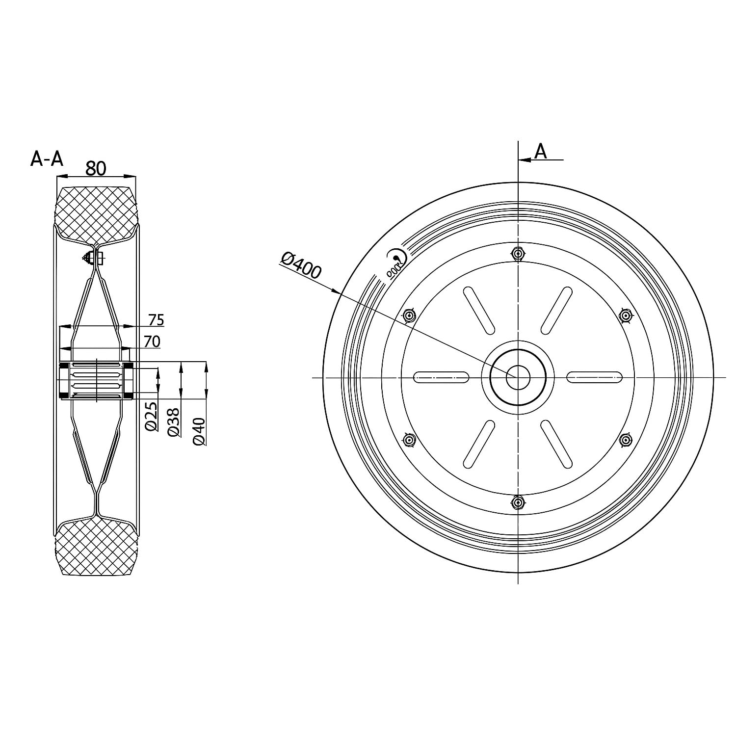 ZAB-S Rad (Code:400/25) mit Vollgummireifen Ø 400mm Gummiräder Gummirad Industrierad (400/25/Ø400/BR25)