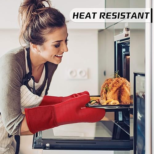 Vista 180 de Guantes de horno de silicona con forro de algodón acolchado – profesional resistente al calor olla de cocina soportes – 1 par, Negro