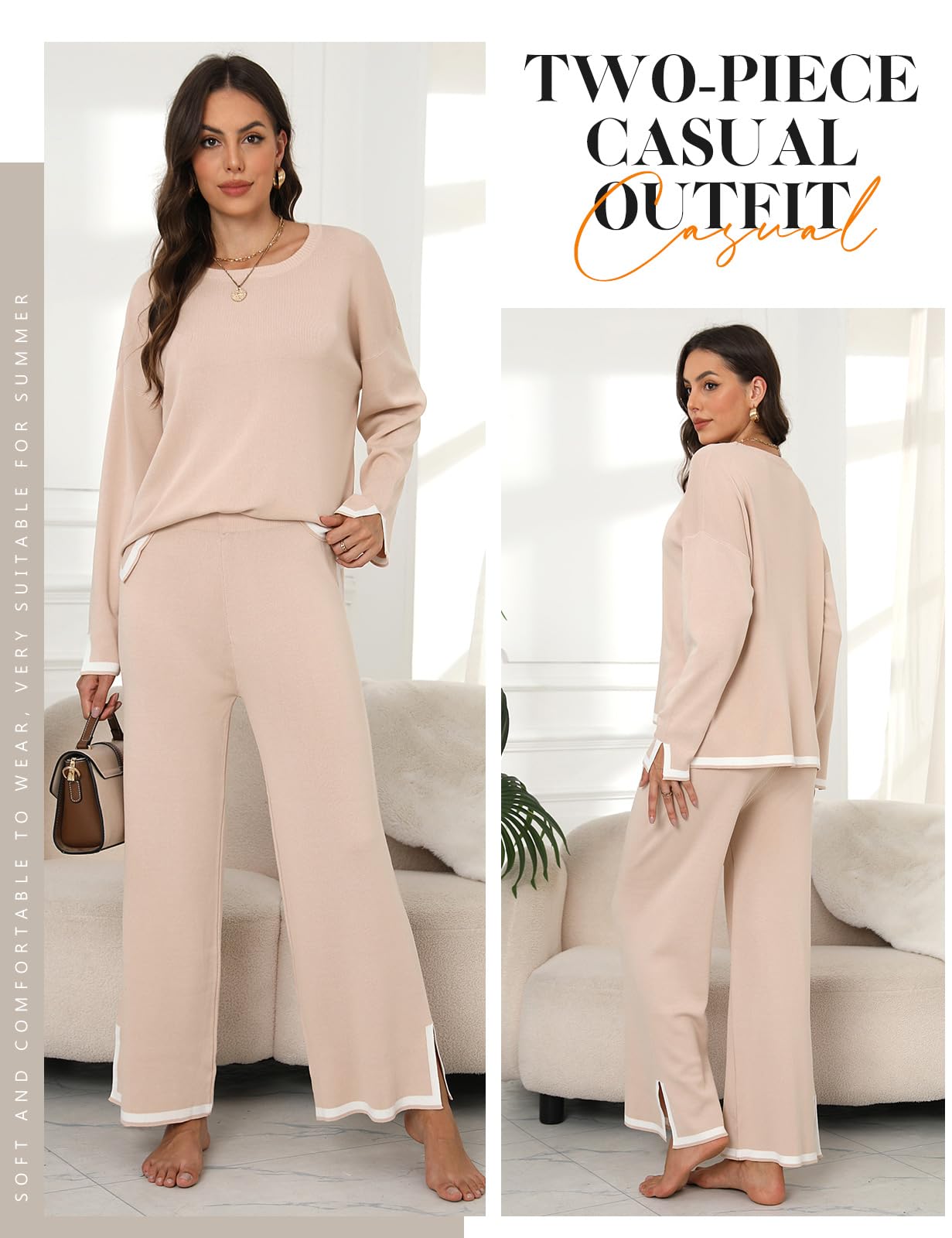 CMTOP Tuta Donna Completo Elegante 2 Pezzi Casual Tute da Ginnastica Tailleur Girocollo Maglia a Maniche Lunghe e Pantaloni a Gamba Larga Autunnale Invernale Completi Per La Casa