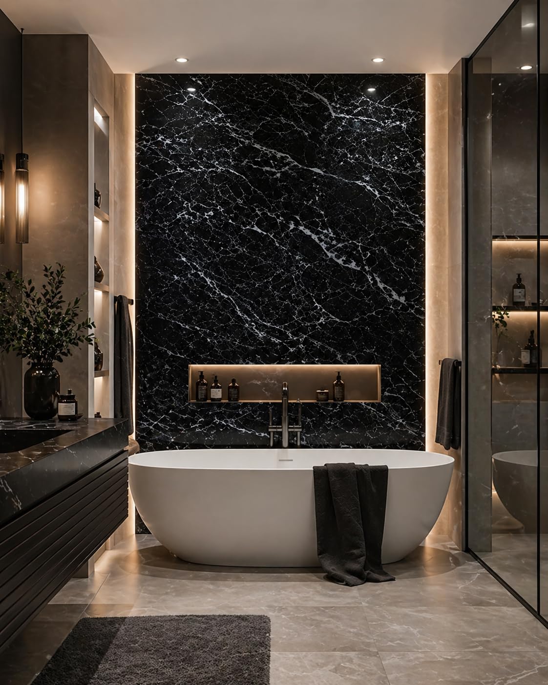 Shower Panel 1000mm Wide x 2.4m Wet Wall Bathroom Cladding PVC 10mm Thick (Black Marble Gloss 1m)