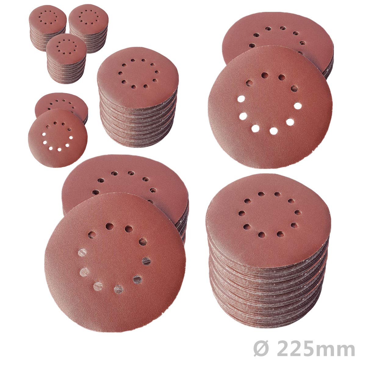 100 discos abrasivos de KLETT Ø 225 mm con 10 agujeros, grano P100, lijadora excéntrica