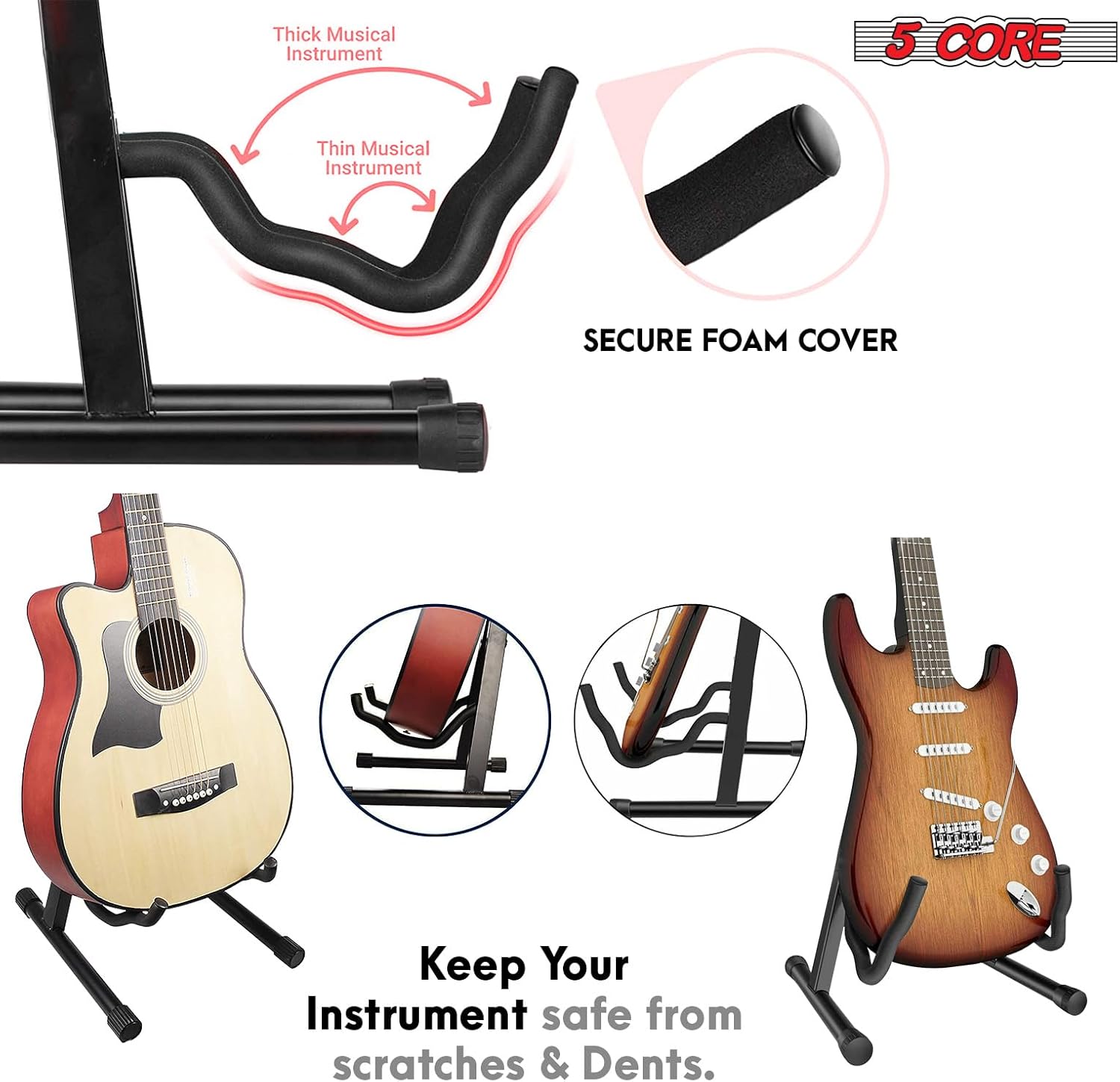 5 CORE Guitar Stand 2PCs A Frame w Soft Foam Arms Non-Slip Rubber Support for Acoustic Electric Bass Guitar Ukulele & Banjo Foldable – GSS BLK 2PCS