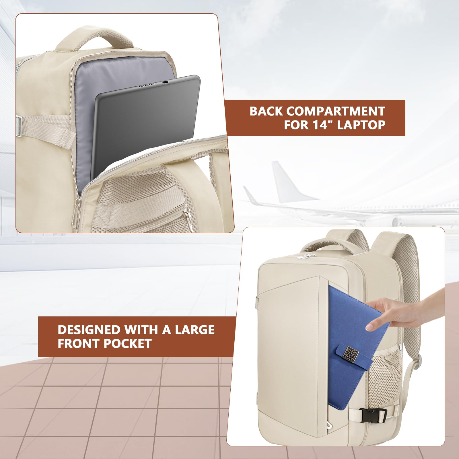 KIRFEIHT Zaino da Viaggio 40x20x25 per Ryanair Borsa da Viaggio per Cabina - Beige Bagaglio a Mano Aereo Piccolo, Zaini Universali per Uomo e Donna per Scuola Trekking Lavoro (Beige)