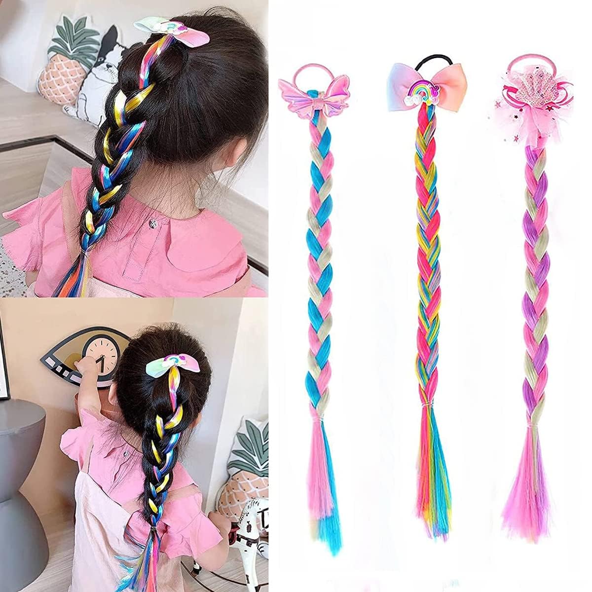 Braids Hair Extensions with Rubber Bands Ponytails Rainbow Hair/Girls Unicorn Colorful Braiding 15inch Long Hair Extensions for Kids Unicorn Hair Cute Extension (Pack Of 1) (Braids, 1)