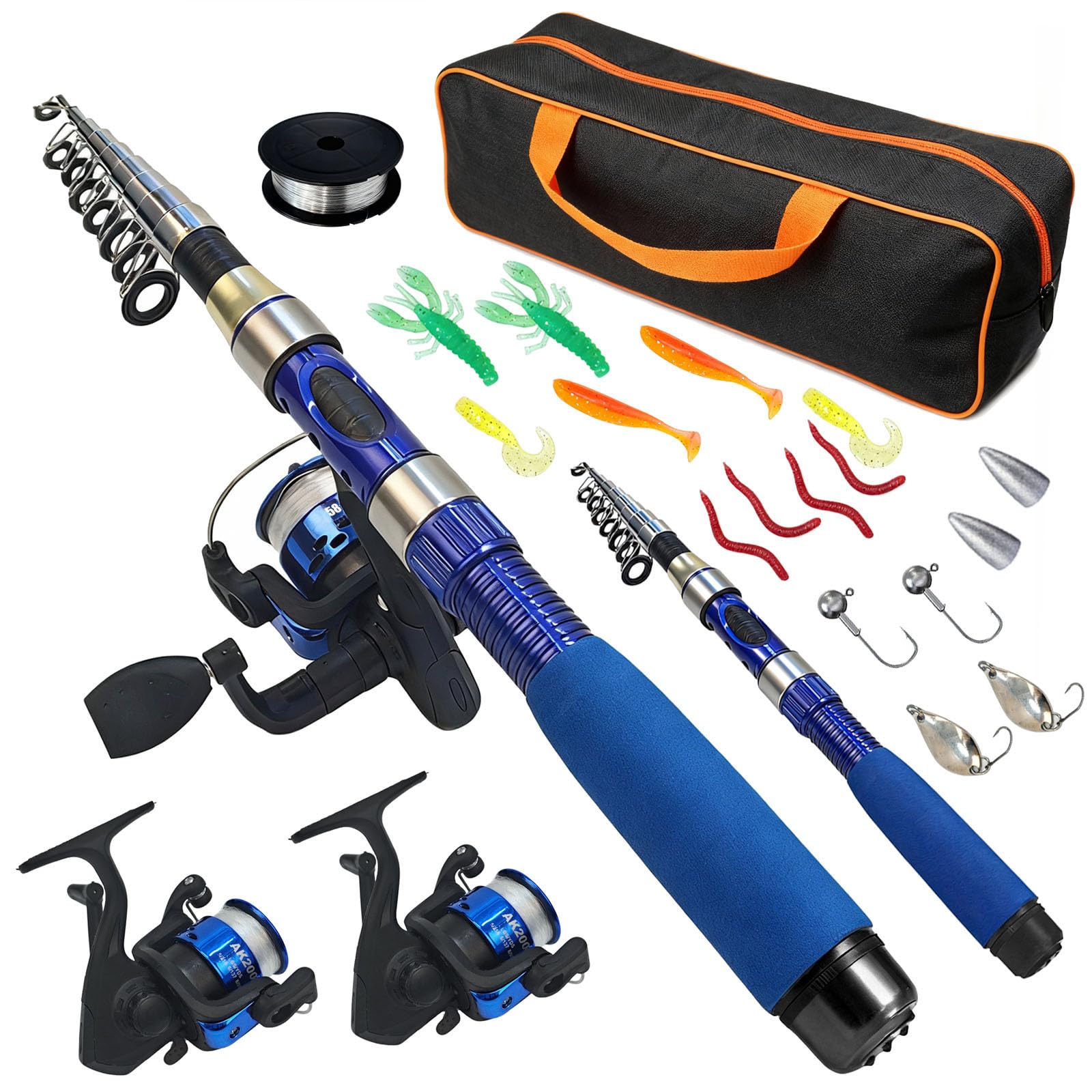 Set de Cañas de Pescar Telescópicas, 2 Cañas de Fibra de Carbono 1,9m y 2 5.2:1 Carretes de Spinning Caña de Pescar Caja de Aparejos y Estuche de Transporte para Pesca en Agua Salada y Dulce