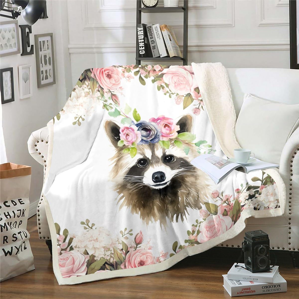 Kawaii Reccoon Throw Blanket for Couch Girls Boys Bear Fleece Blanket Cute Animal Sherpa Blanket Throw Size White Red Rose Flower Blanket Floral Blossoms Bed Blanket Soft