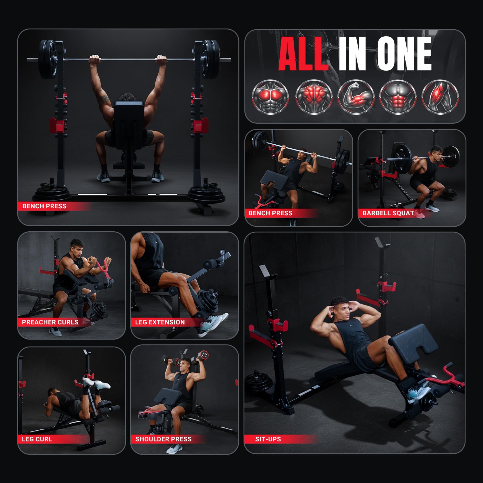 Olympic Weight Bench Set, Heavy Duty Bench Press Rack for Home Gym | 47.5" Wide Grip Fits 6-7ft Bar, Adjustable FID Bench with Leg Extension & Preacher Curl, 1980LBS ASTM for Full Body Strength