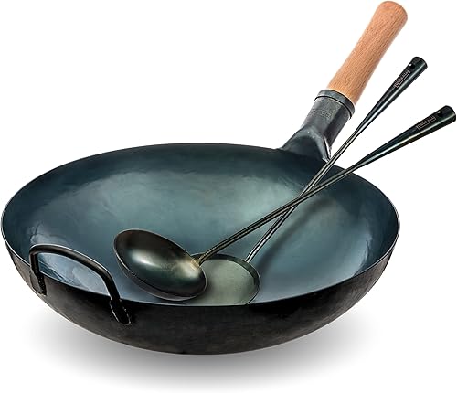YOSUKATA Sartén para wok de fondo redondo azul  Woks de 14 pulgadas y sartenes para freír con juego de utensilios de wok pre-sazonados  Espátula Wok