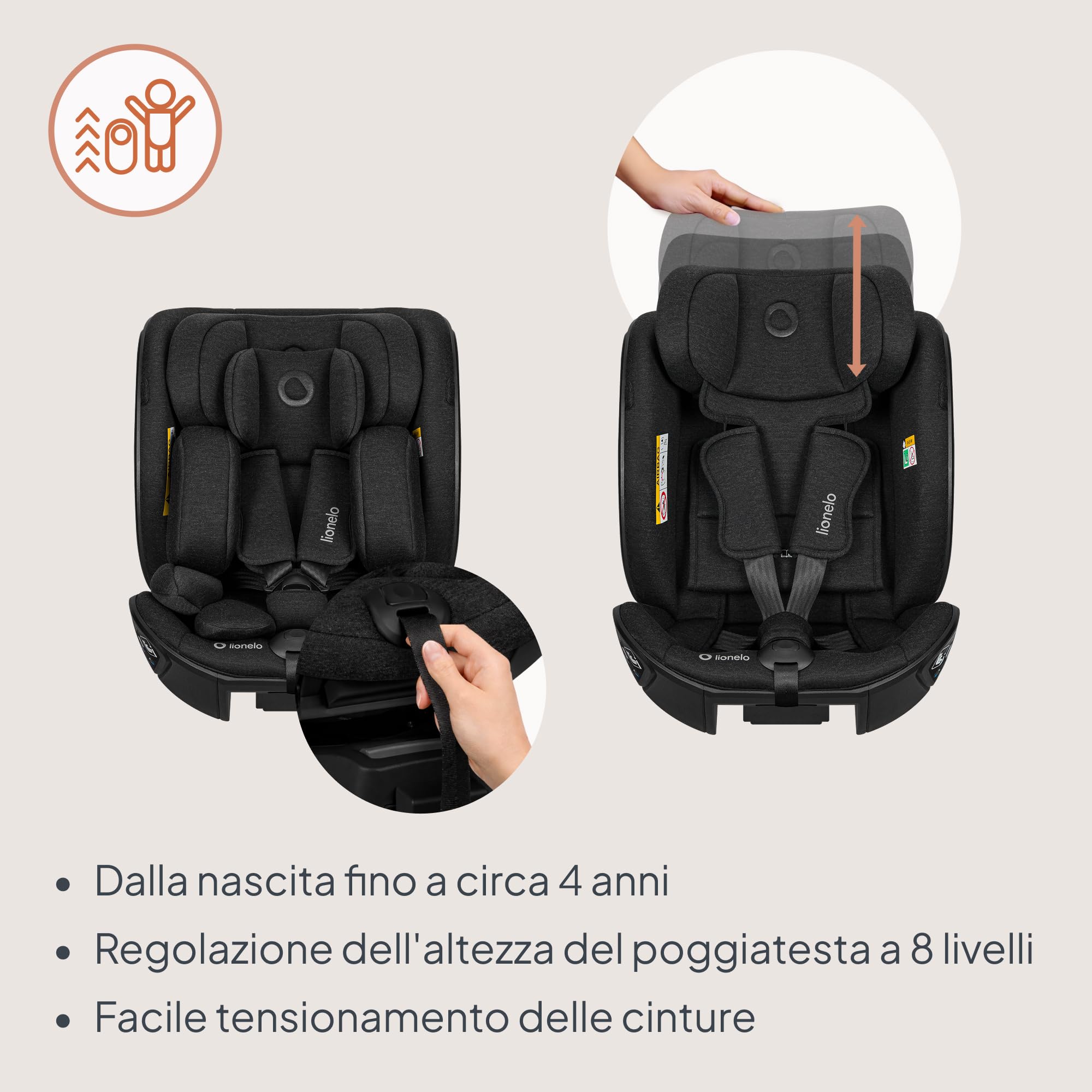 Lionelo Moxie Next i-Size Seggiolino Auto Girevole Ca. 0-4 Anni (40-105 Cm), 0-18 Kg, Installazione Su Base Girevole 360°, Protezione Laterale SIP, Regolazione Del Poggiatesta E Dell’inclinazione