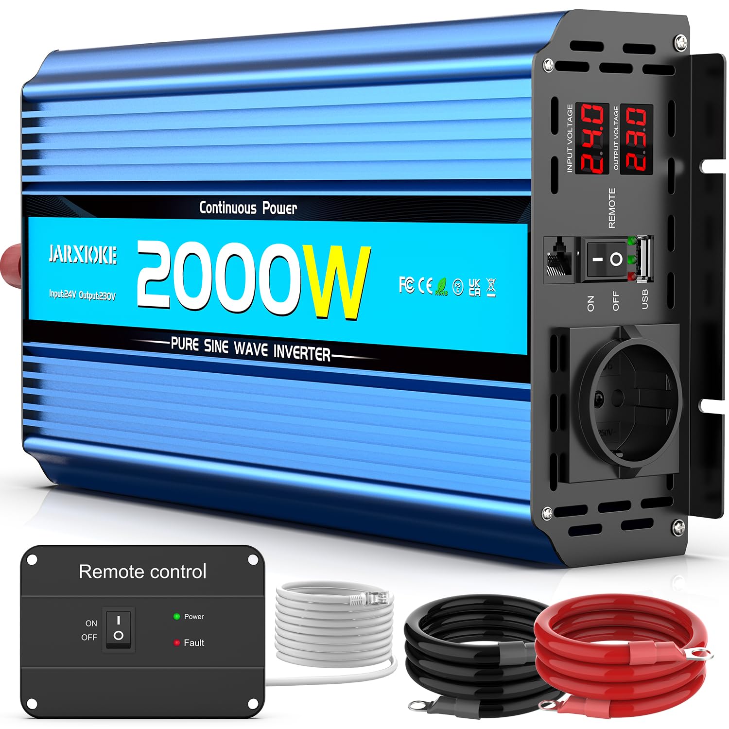 Inversor de corriente de 2000 W, 24 V a 230 V, corriente sinusoidal pura, convertidor de corriente CC con mando a distancia, enchufes CA, puertos USB y pantalla LED para autocaravana
