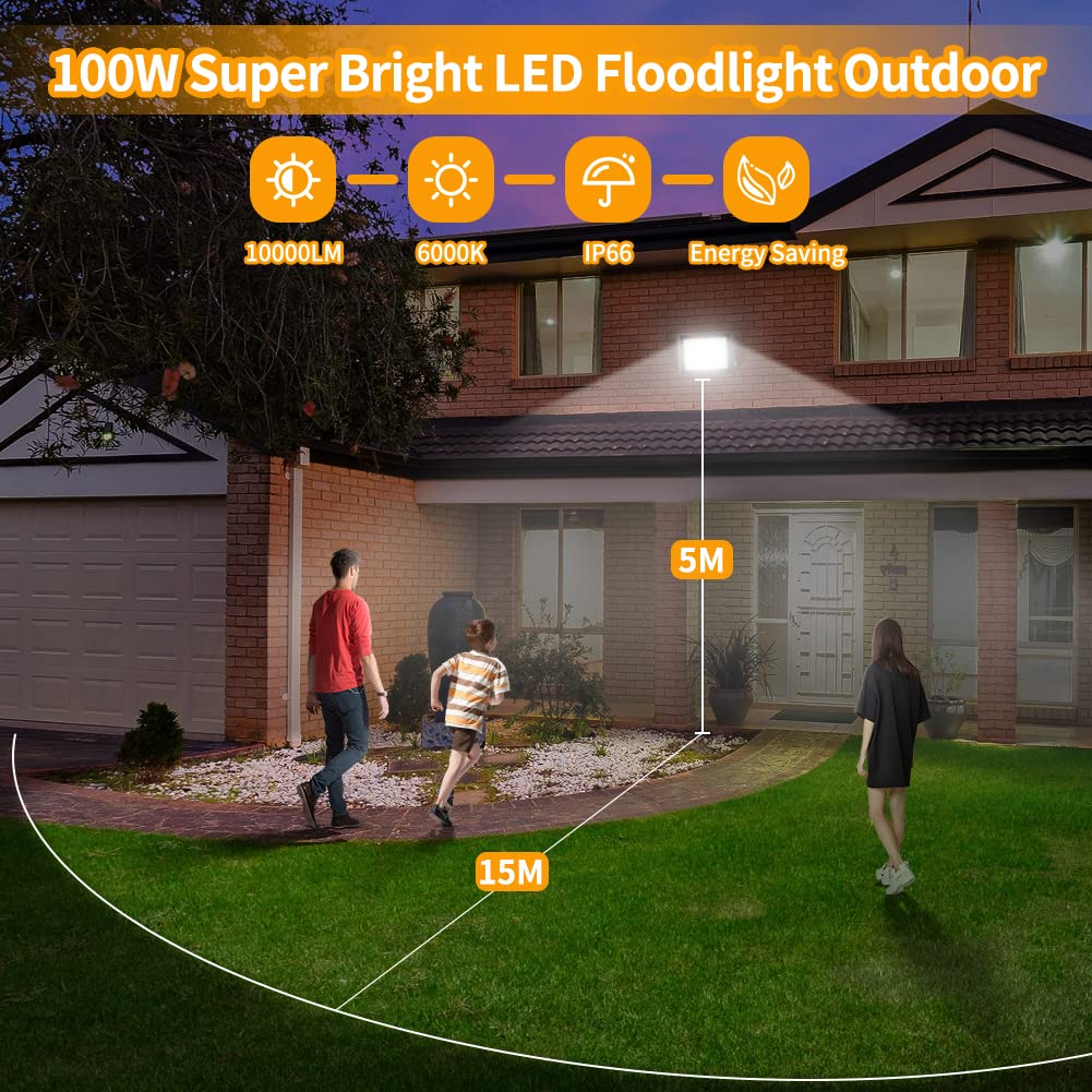JESLED Faretto LED da Esterno, 100W 10000LM Super Luminosa Faro LED Esterno, 144LED 6000K Bianco Freddo Faretti LED Esterno, Impermeabile IP66 Fari LED da Esterno per Giardino Garage(Cavo da 1M)