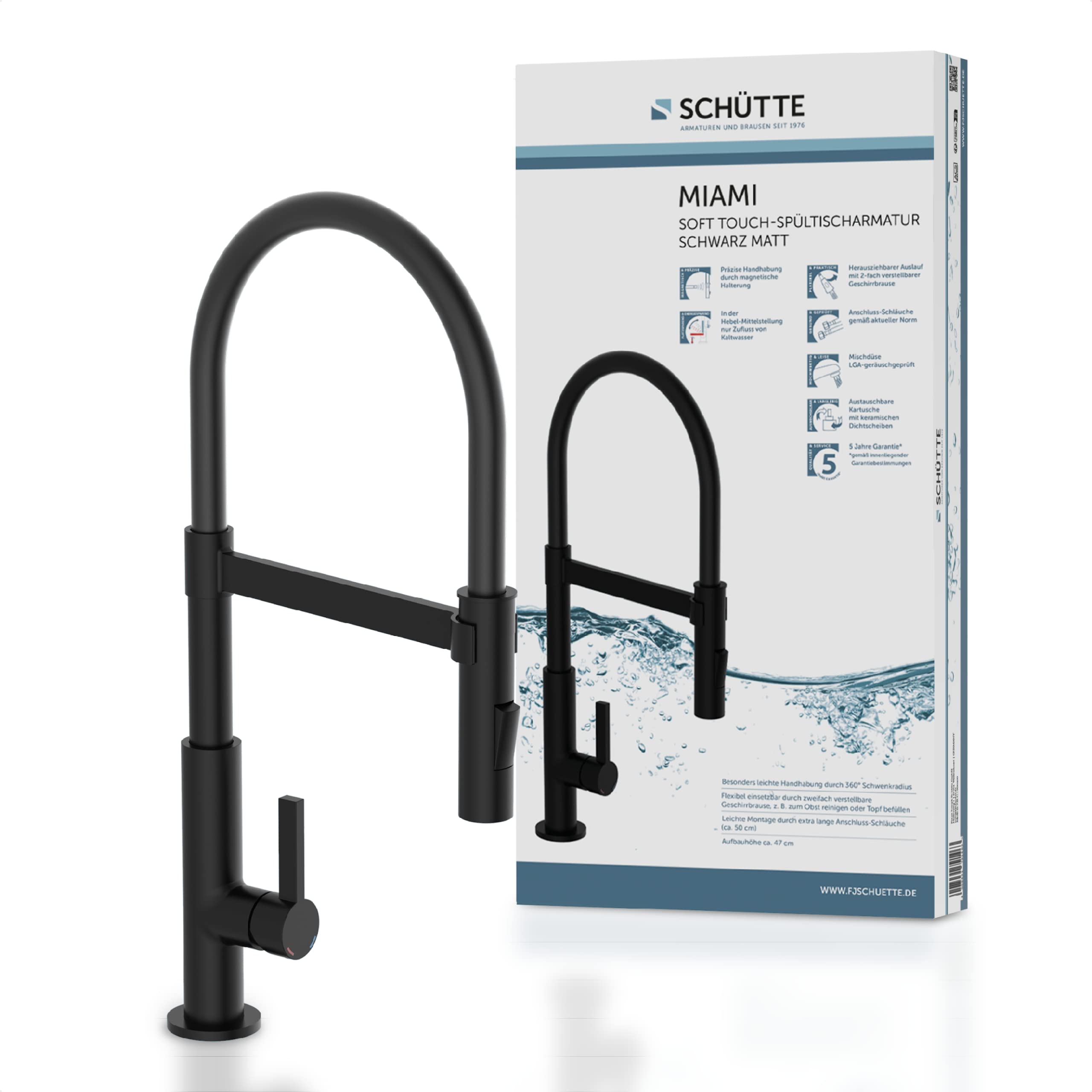 Schütte 79147 Grifo de Cocina de 360 ° con Manguera Suave al Tacto, Mezclador Monomando con alcachofa magnética extraíble para Fregadero, Color Negro Mate