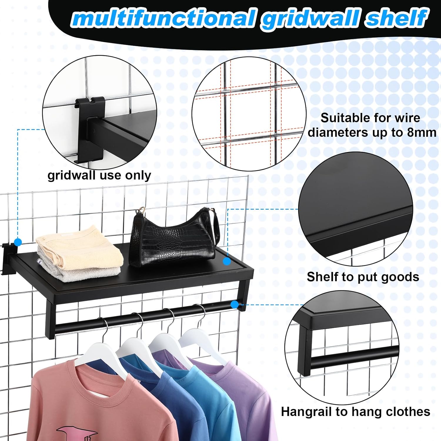 Colingmill 2 Packs Black Grid Wall Shelf Clothes Rack with Top Shelf Metal Rectangular Tubing U Shaped Handrail Hanger Gridwall Shelving Organizer Accessories for Home Room Garage Retail Display
