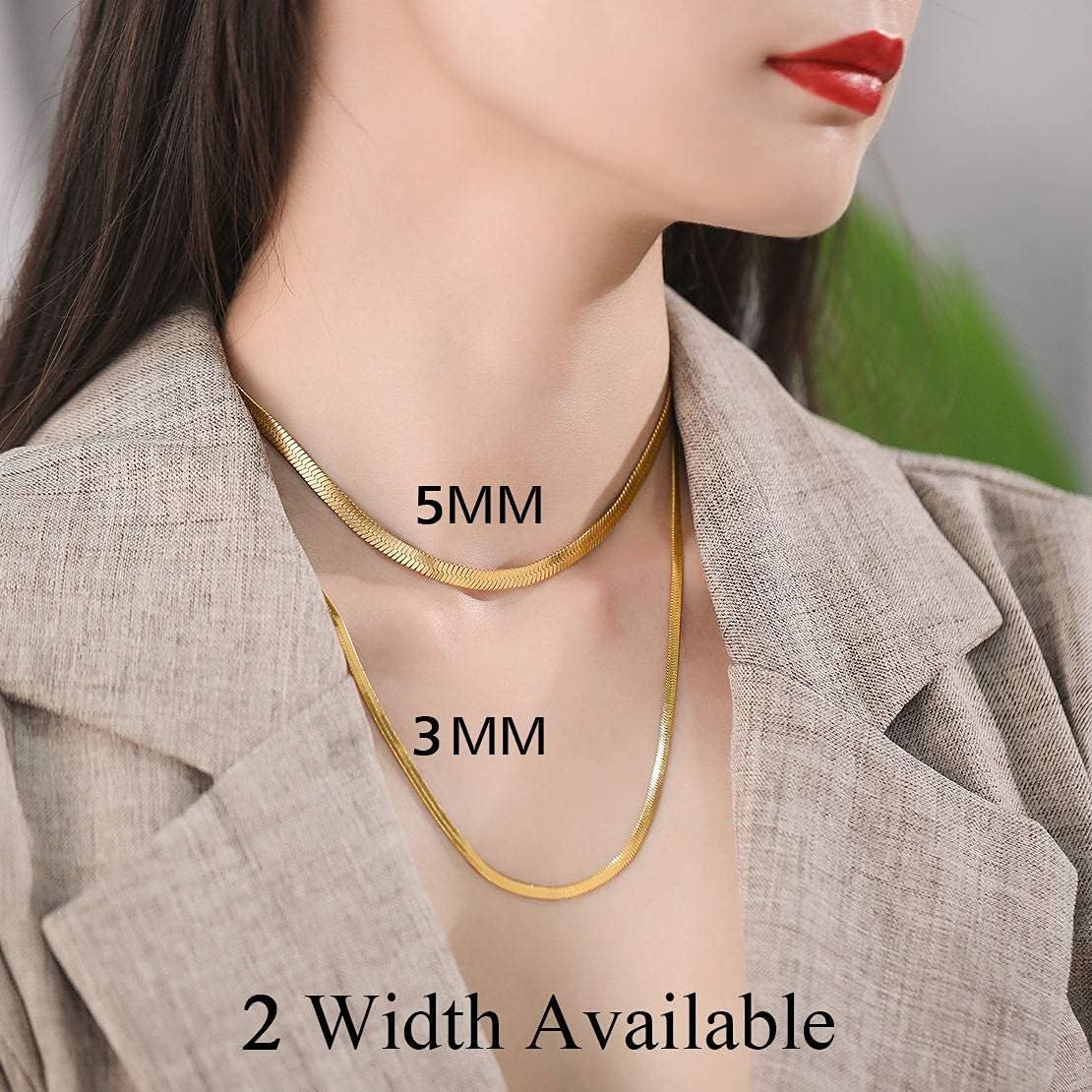 FindChic 3MM Flat Snake Gold Chain Choker Jewellery for Women 38CM Hypoallergenic Stainless Steel Herringbone Necklace Gold - Image 3