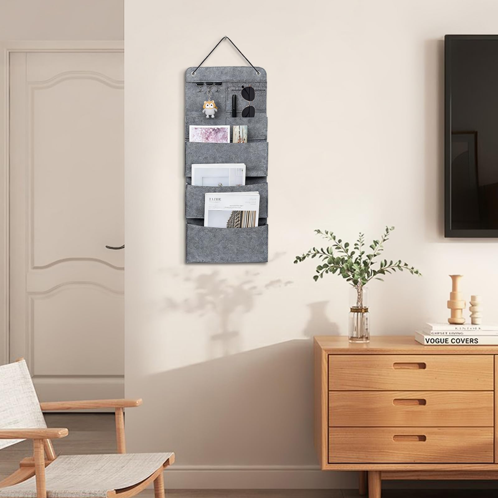 Wiszący organizer, 6 przegródek, 3 haczyki, 80 x 32 cm, organizer ścienny, wiszący, filcowy, składany, duża pojemność, organizer ścienny do drzwi, łazienki, korytarza, biura, organizer
