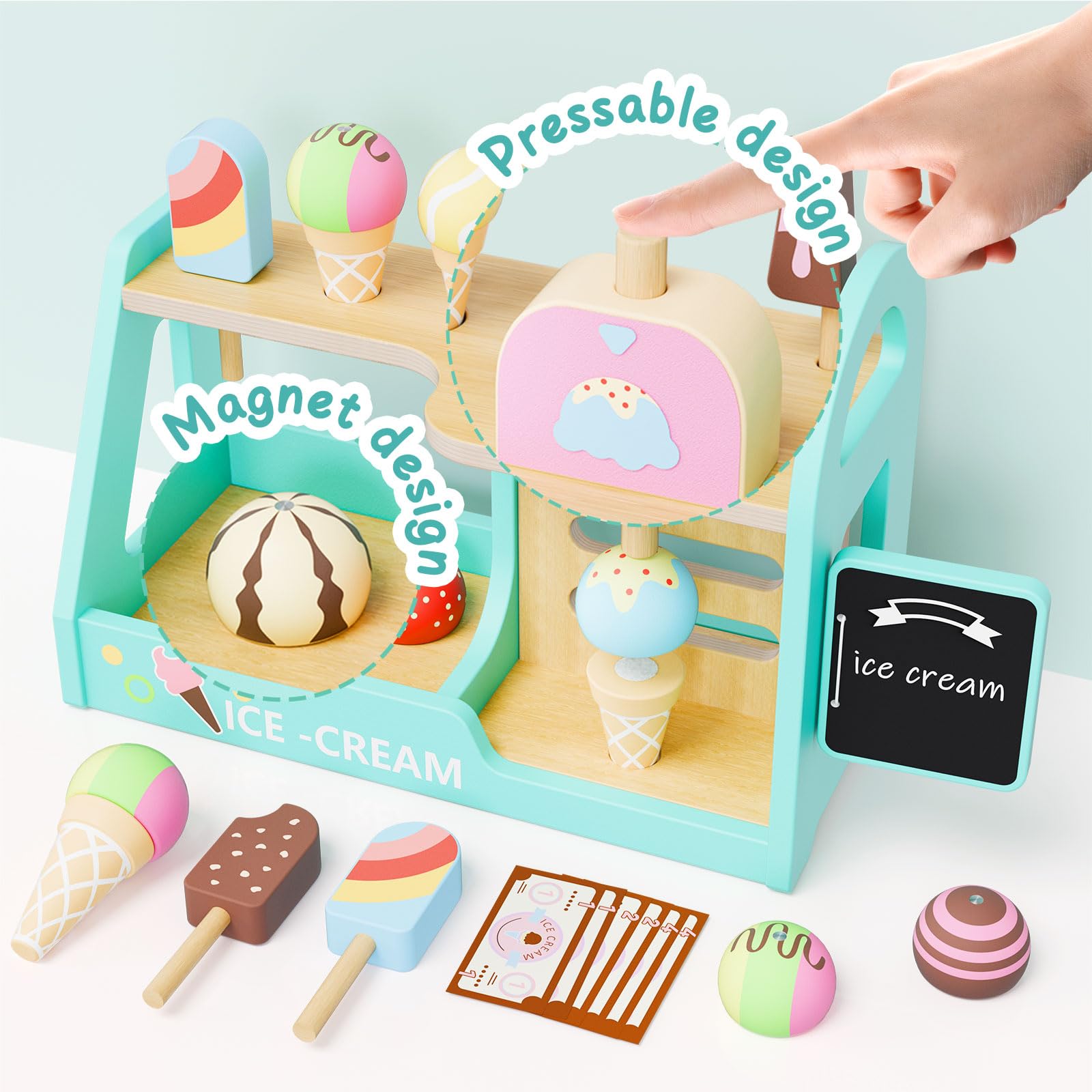 Gelateria Giocattolo per Bambini,Cucina Giocattolo per Bambini Giochi Montessori 2 3 Anno,Carretto Gelati Giocattolo con Cibo Menù e Soldi per Giocare Giochi Bimba Bambina Bimbo Bambinia 3 4 5 Anni