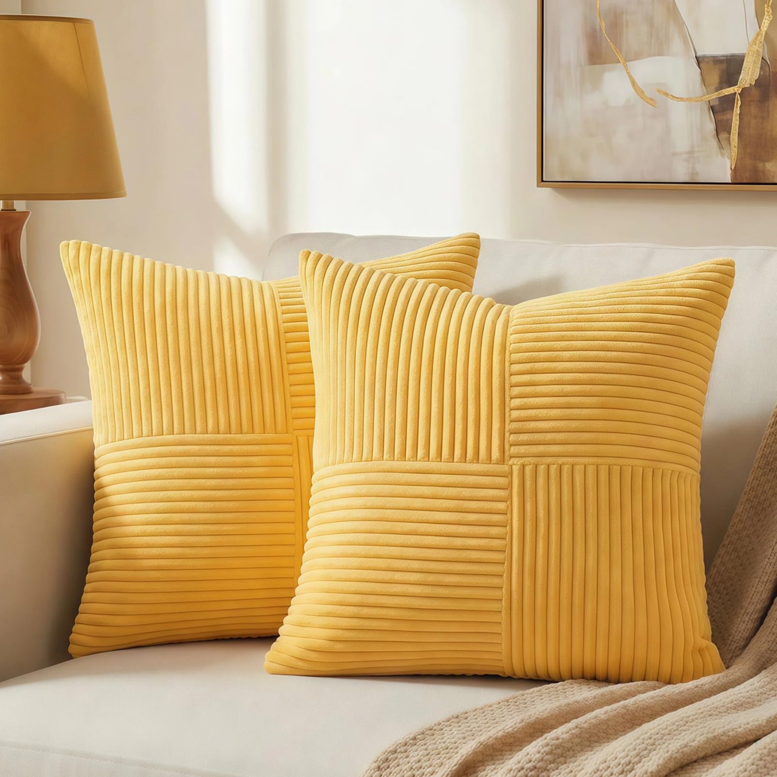 Fancy Homi 2 Packs Yellow Euro Decorative Throw Pillow Covers 26x26 Inch for Couch Bed Sofa, Rustic Farmhouse Boho Home Decor, Soft Corss Corduroy
