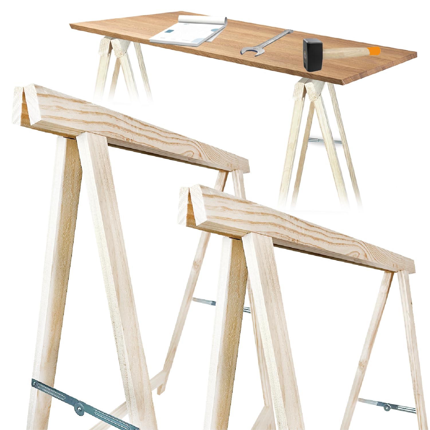 Crisalide® -Natural-WOOD Caballetes en un par de madera de abeto macizo de trabajo, capacidad de 200 kg, bricolaje plegable, 75 cm x 75 cm, se pueden pintar para varios usos de aficionados e