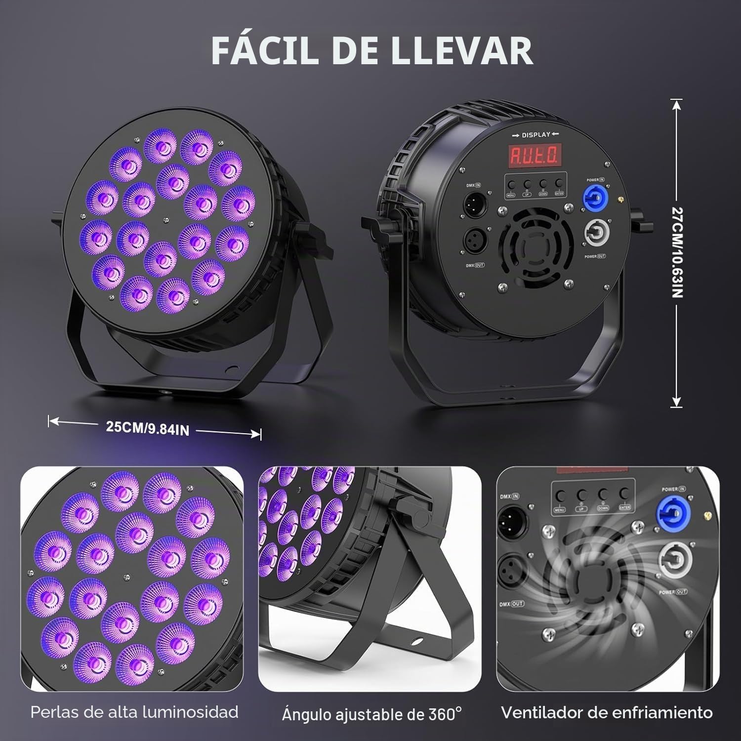 180 W Par LED RGBW, 4 Pieza iluminación de escenario de aluminio fundido | con DMX512 y control por voz, para fiestas, bodas, bares y Navidad