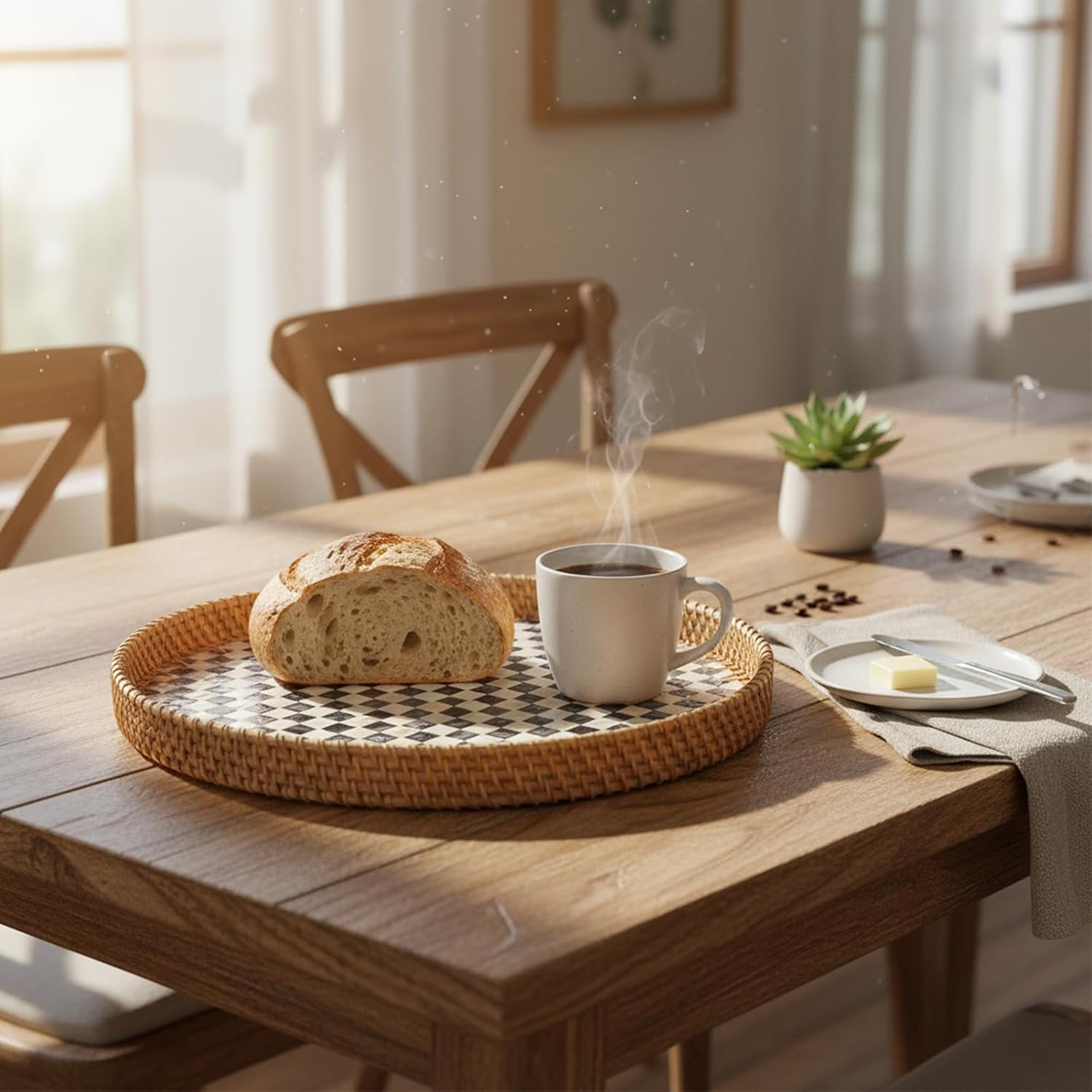 16 inch Round Rattan Tray with Mother of Pearl Inlay Wicker Serving Tray with Wooden Base Boho Decorative Wicker Basket for Table Decor Bathroom Candle Perfume(Black Checkerboard) - Image 7