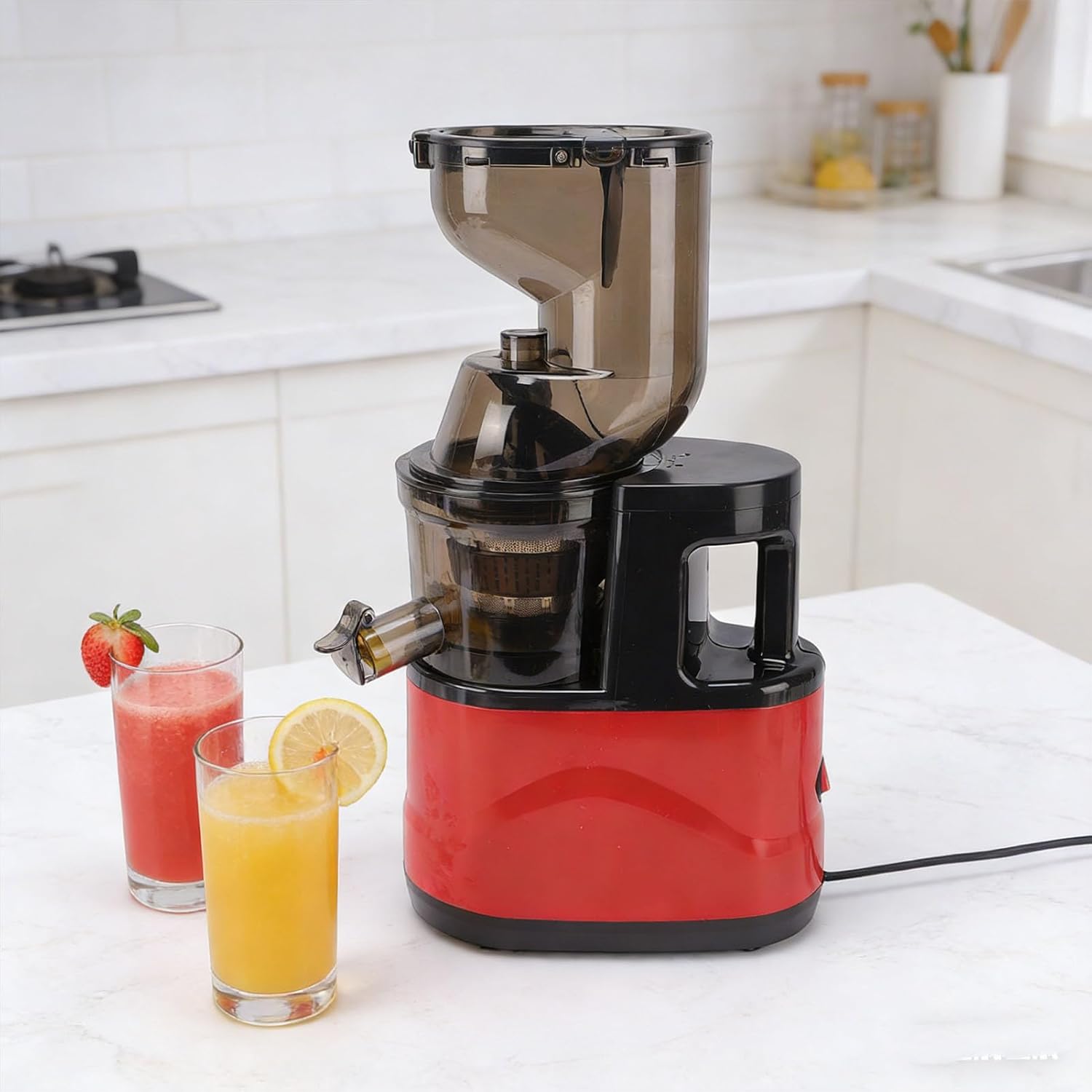 Yosoo 350W Cold Press Juicer, 5.4 Inch Large Feed Chute, Efficiently Cuts and Squeezes, Slow Masticating Juicer with Pulp Separation for Whole Vegetables and Fruits, Red (US Plug)