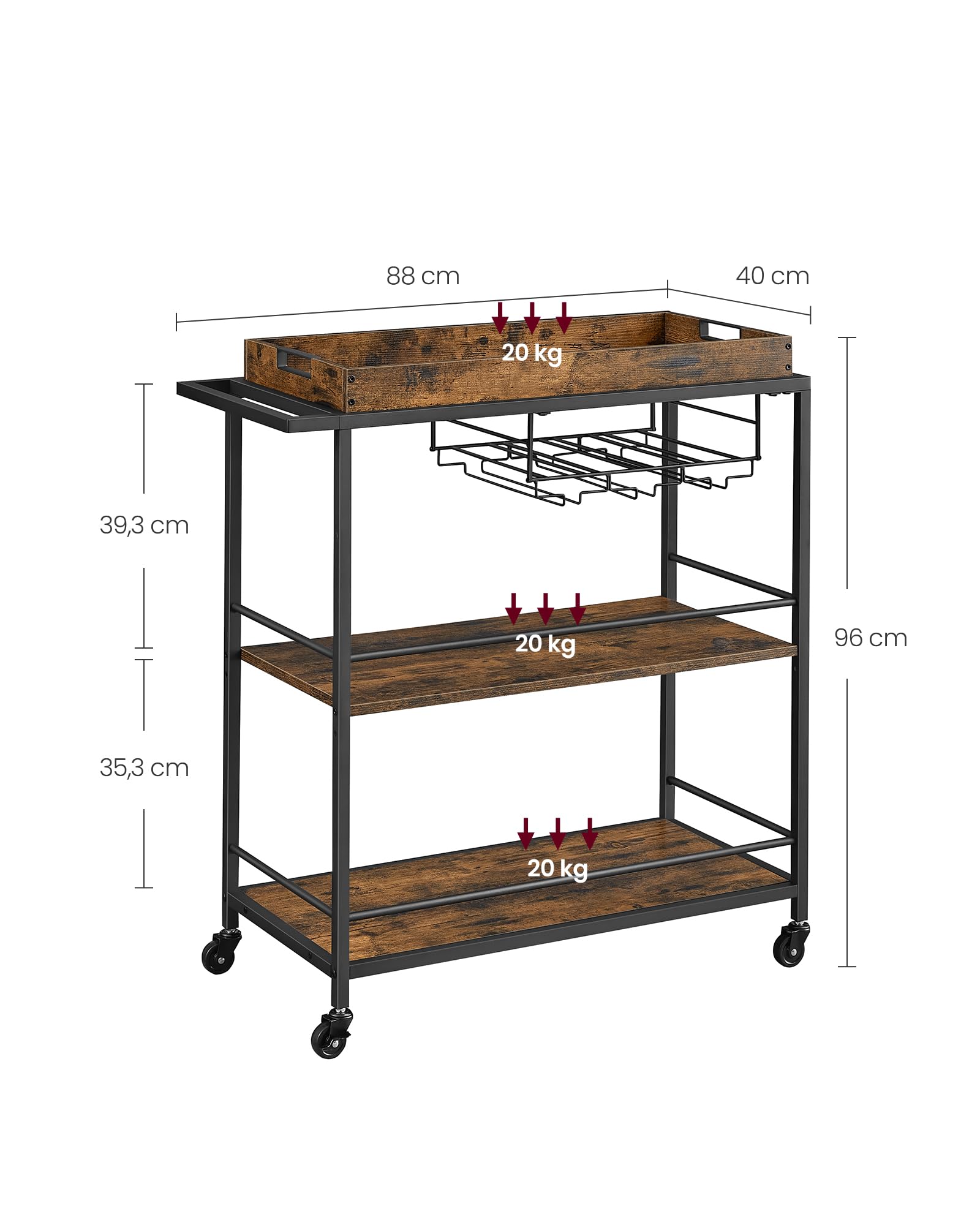 COSTWAY Serveerwagen met afneembaar dienblad, keukentrolley op wielen, keukenrek met wijnrek en glashouder, industrieel design, 67 x 40 x 89,5 cm, voor keuken en eetkamer, vintage bruin