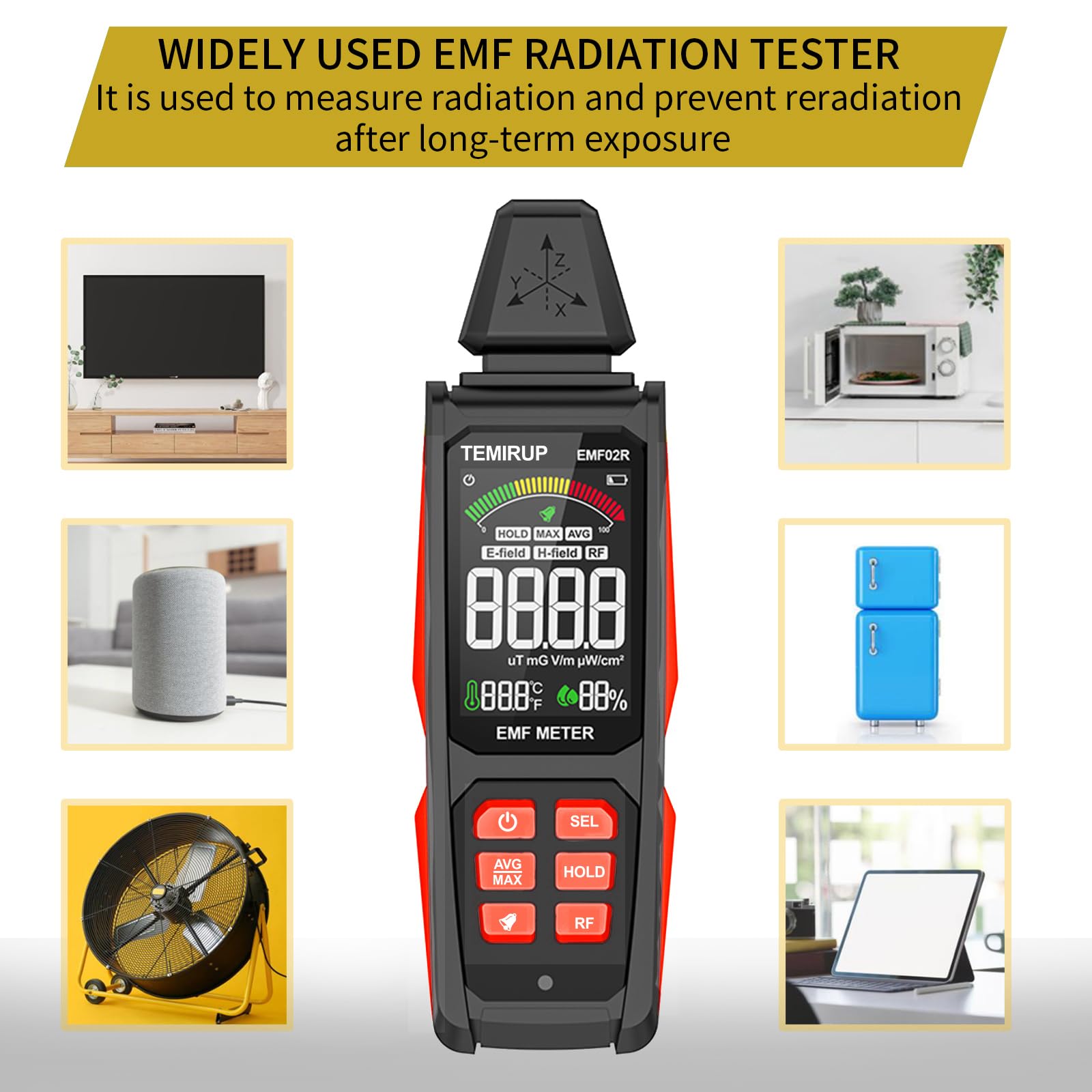 Detector de radiación 5 en 1 EMF, detecta campo eléctrico, magnético y de radiofrecuencia con temperatura humedad, lector EMF recargable para el hogar y caza de fantasmas