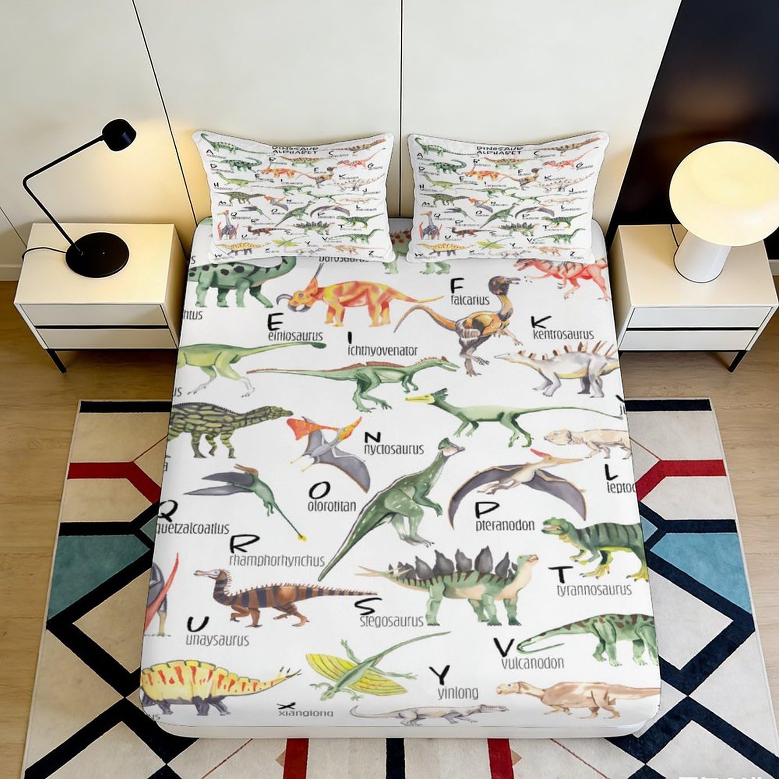 3D Printed Dinosaur Alphabet Fitted Sheet Microfiber Soft Durable 90x200cm 140x200cm 160x200cm 180x200cm 200x200cm Educational Bed Cover for Bedroom Dormitory Guest Room 160x200x25cm