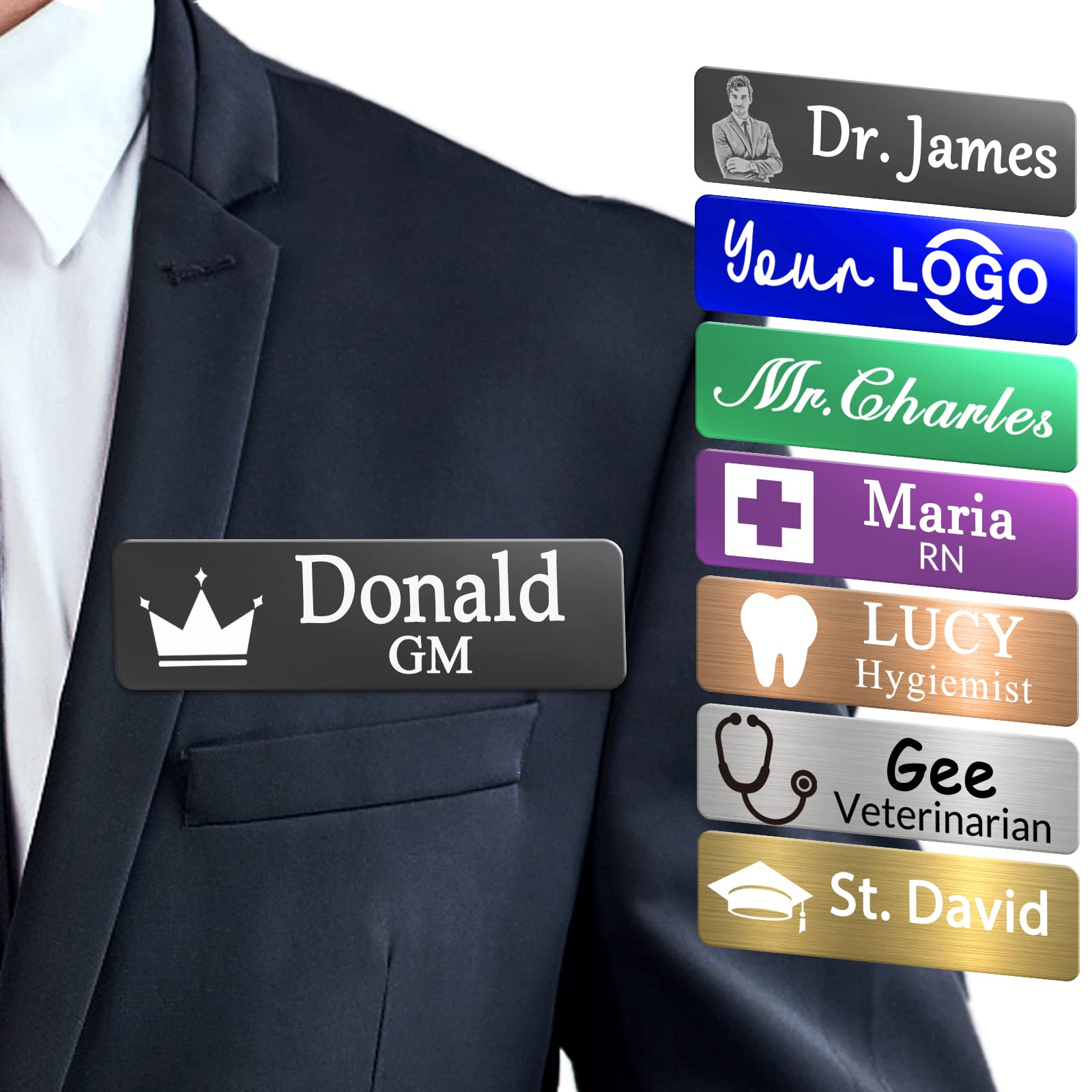 Custom Name Tag with Logo/Image Engraved Nametags with Magnetic or Pin Personalized ID Badge for Uniforms, Business, Employees, Staff, Doctors,