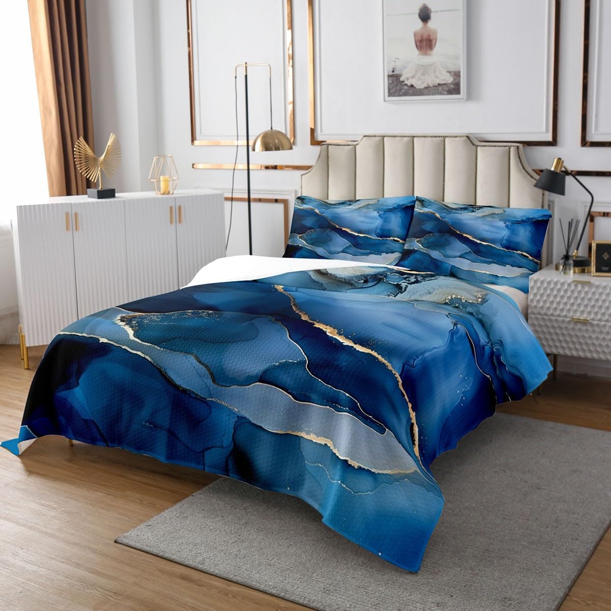 jejeloiu Boys Girls Blue Marble Quilted Coverlet King Size, Luxury Hotel Collection Coverlet Set Abstract Bedspread Kids Teens Bedroom Decor 3Pcs